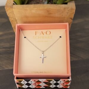 FAO Schwarz 9.25 Sterling Silver Cross With Crystal Stone Necklace
